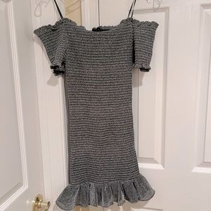 Olivaceous off the shoulder black and silver mini rushed dress..Size medium